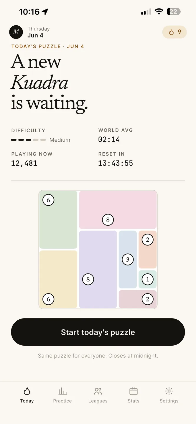 Brain Sip's home screen: today's puzzle is a new Kuadra, ready to start