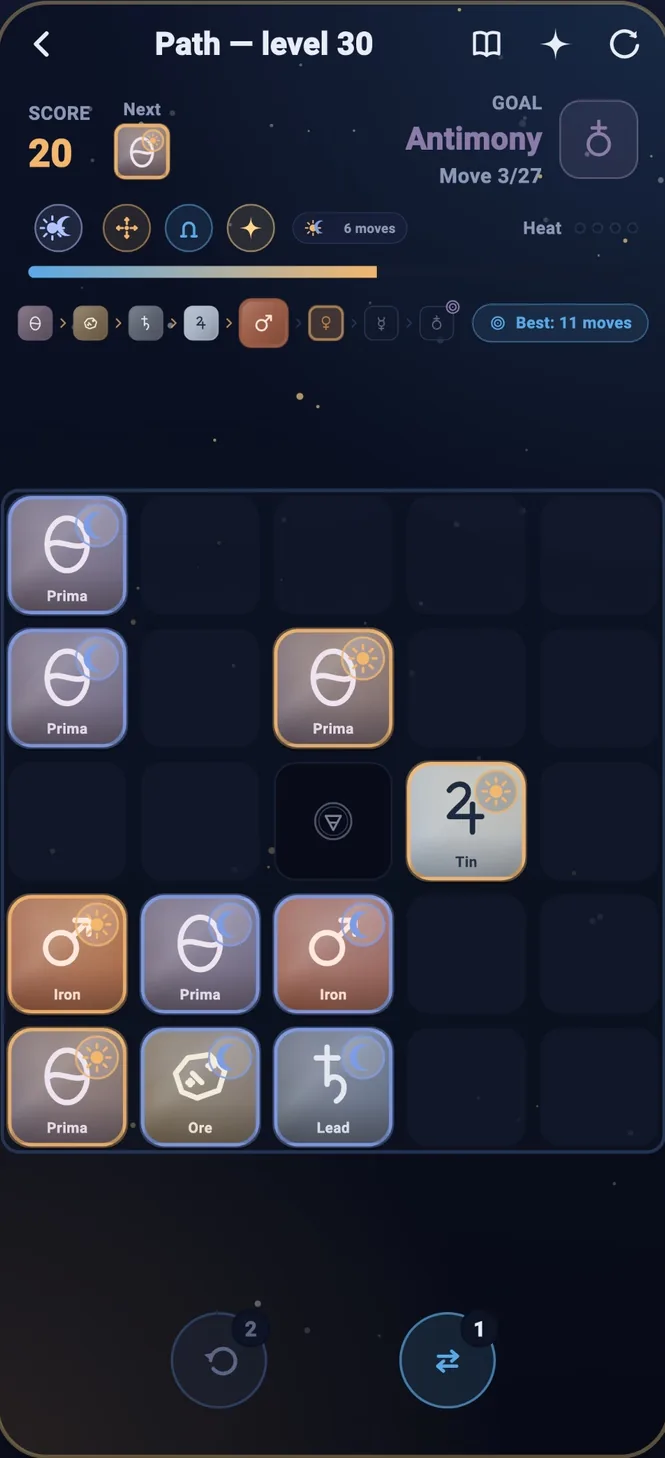 An Aurifex board mid-level, Sun and Moon tiles lined up to fuse