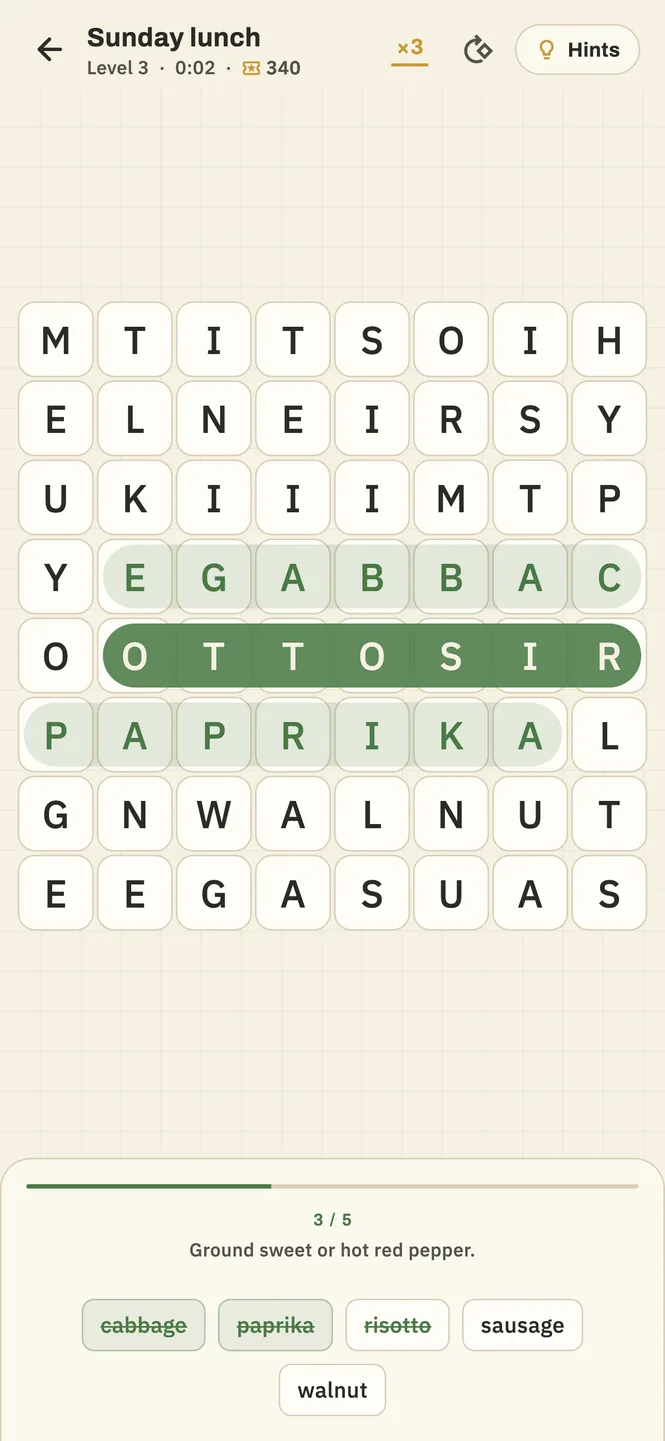 An AZetera board: a letter grid with found words highlighted