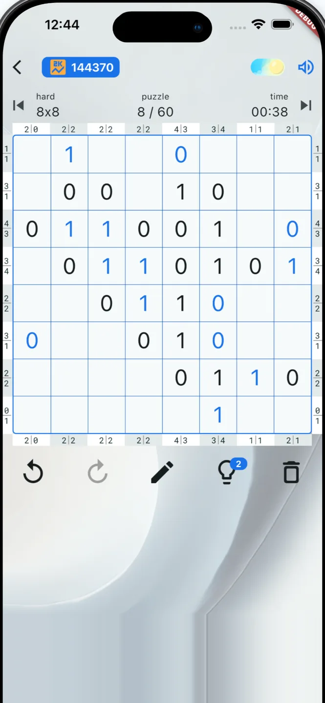 An 8×8 Binaris board part-filled with 0s and 1s