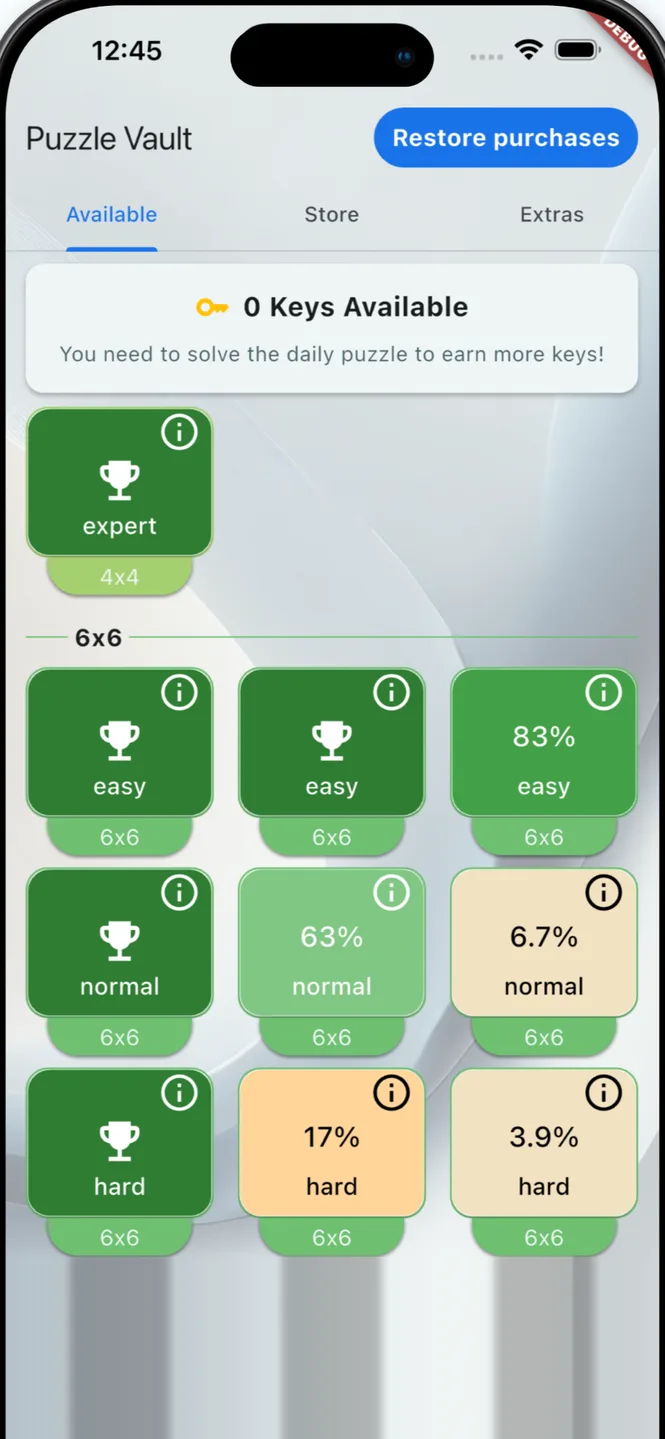The Binaris puzzle vault: grid sizes with easy, normal and hard tiers, each showing your completion