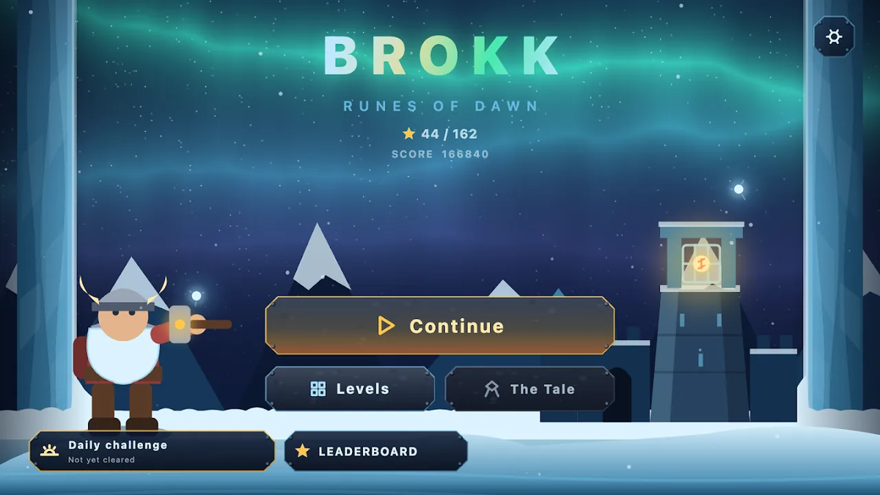 Brokk — Runes of Dawn: the title screen under the northern lights