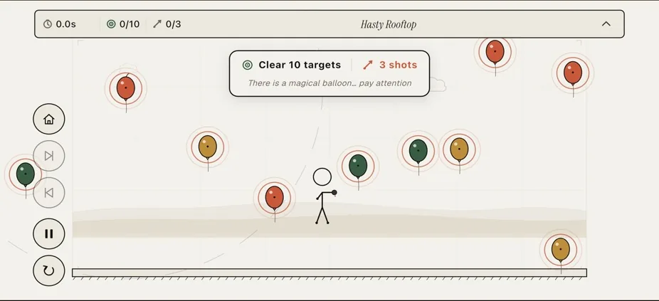 A Doodleforce level: a stick figure takes aim at balloons over a sketched page