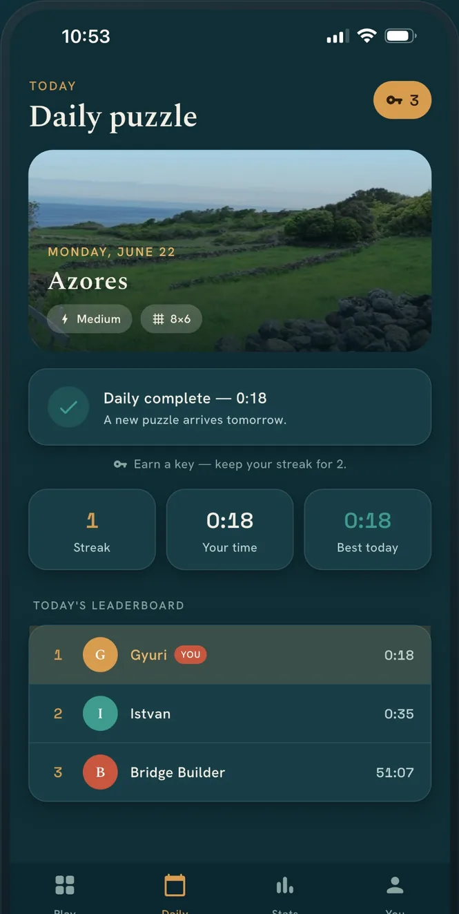 Hashi's daily puzzle, with a streak and today's best times