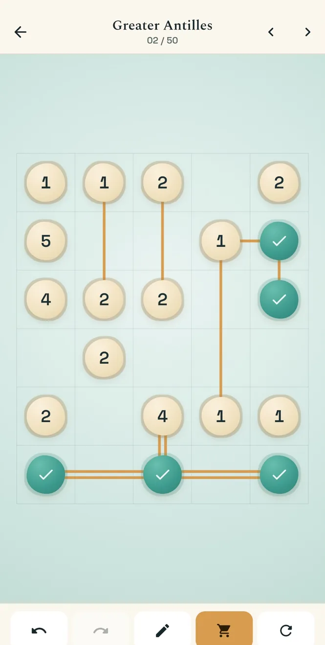 A Hashi board in the light theme, half the bridges built