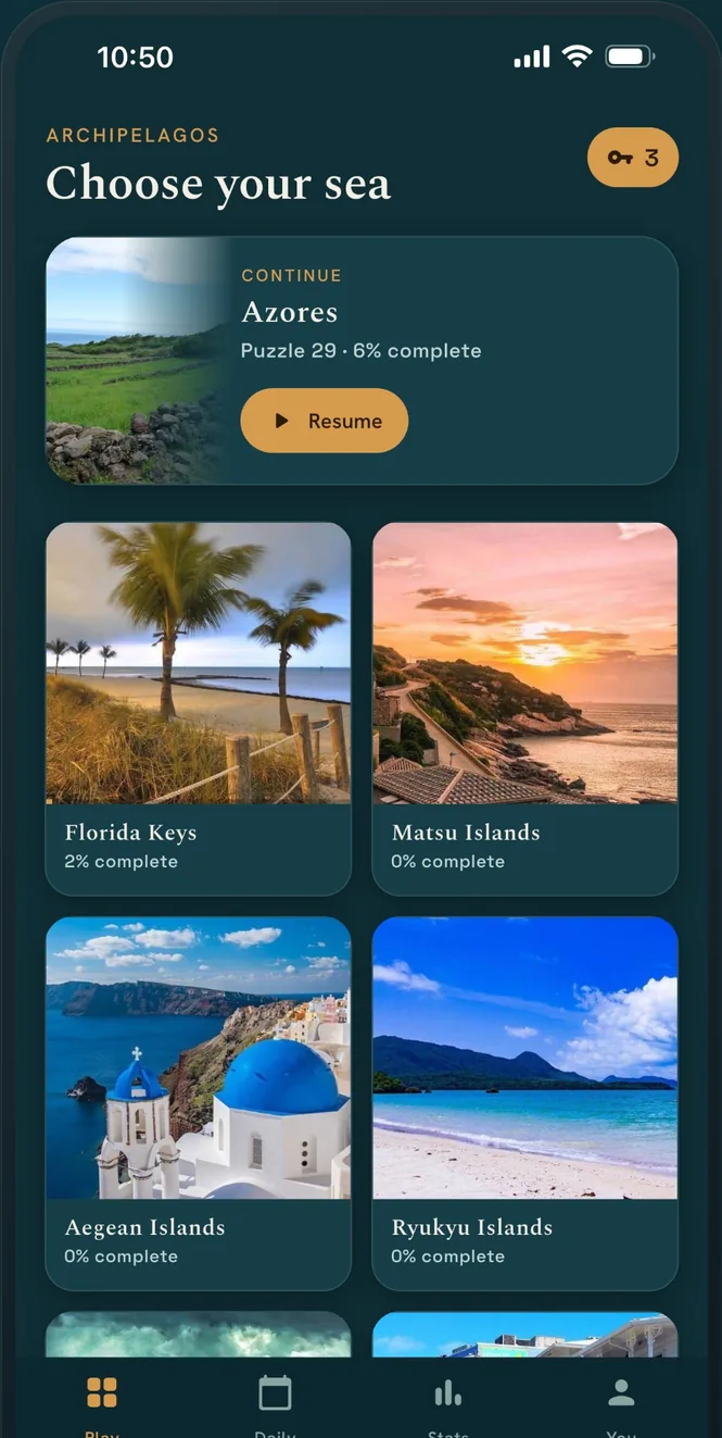 Hashi's archipelagos, each a set of handcrafted puzzles