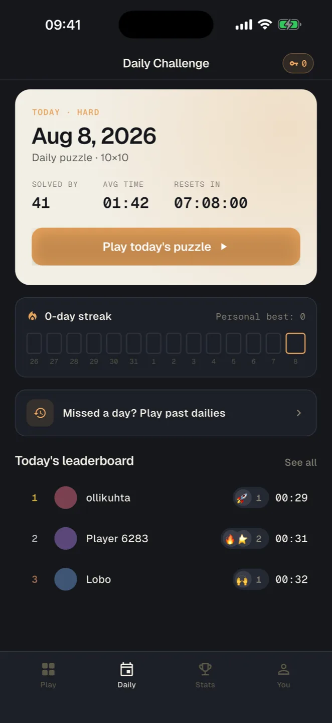 Kuadra's Daily Challenge screen with the day's board, a streak calendar and today's leaderboard