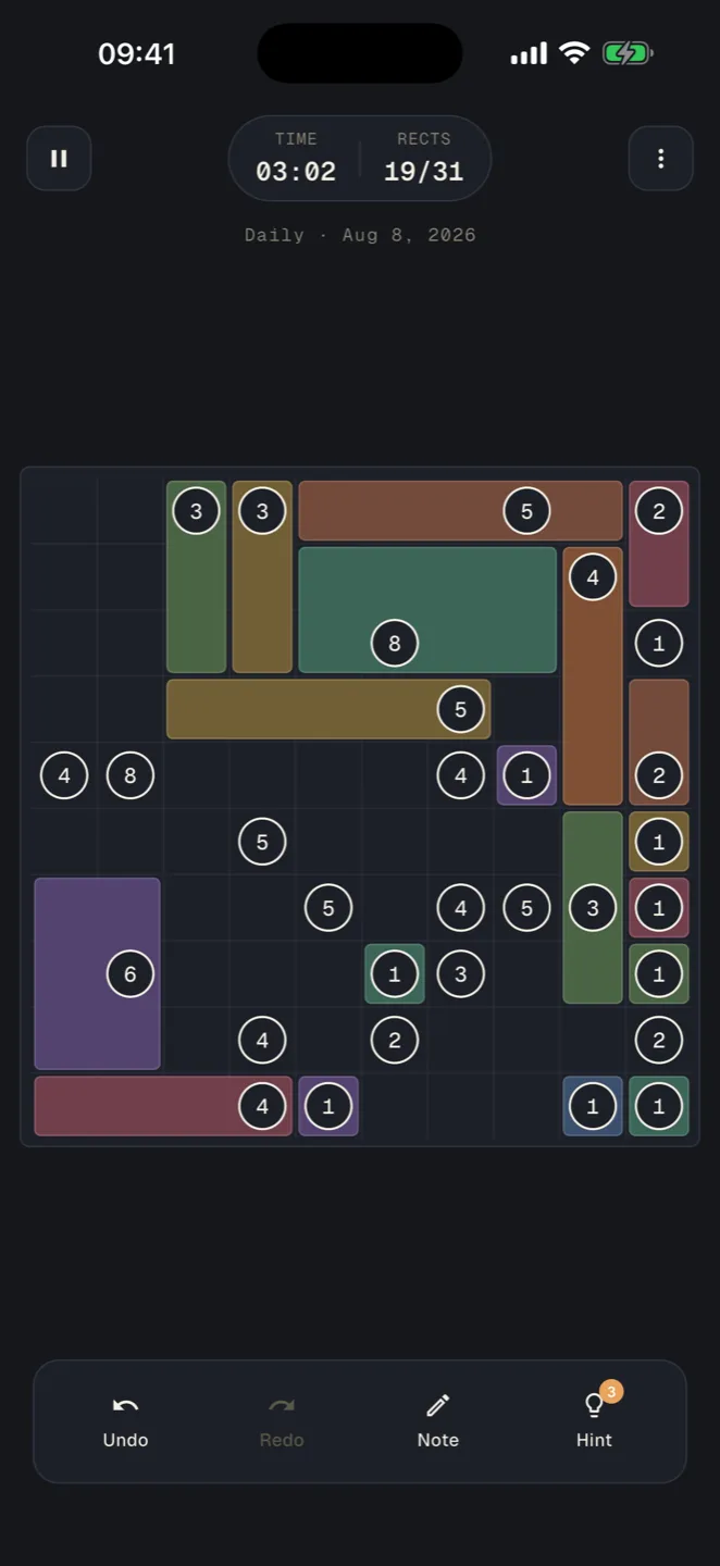 A 10×10 Kuadra board part-solved, with coloured rectangles around their numbers