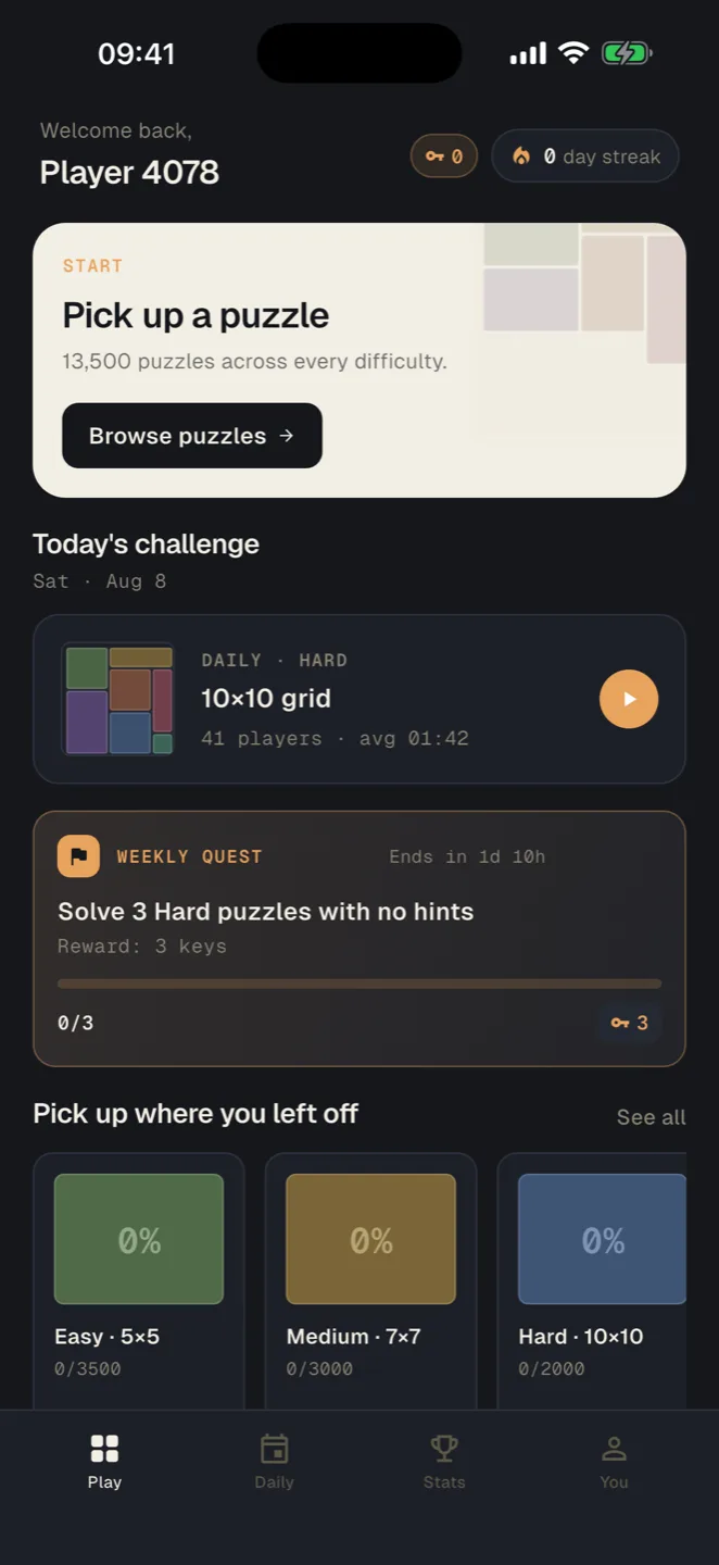 The Kuadra home screen: today's challenge, a weekly quest and puzzle packs