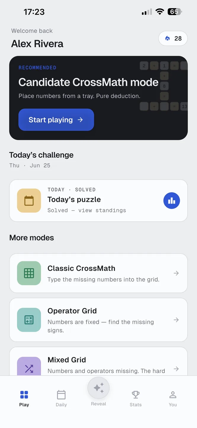 Lumath's home screen: today's puzzle and more modes