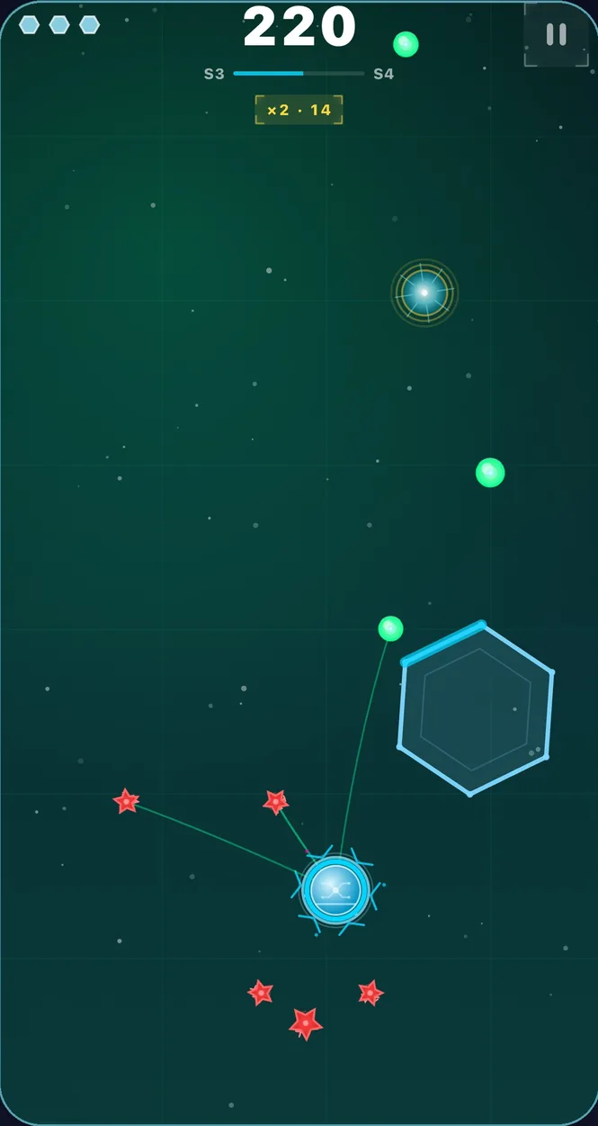 Magnet Hunter mid-run: a glowing drone pulling orbs past red spikes