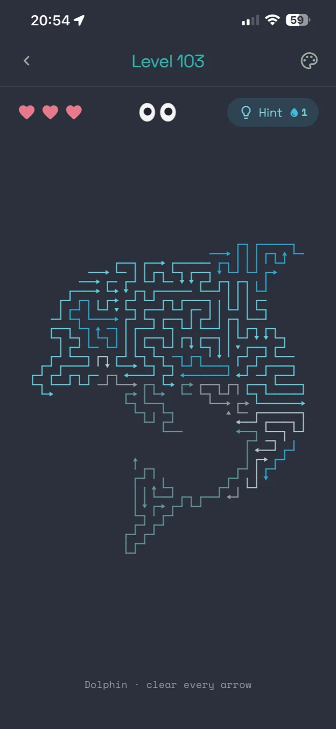 A Sagitta level drawn as a creature in blue arrows, in the dark theme