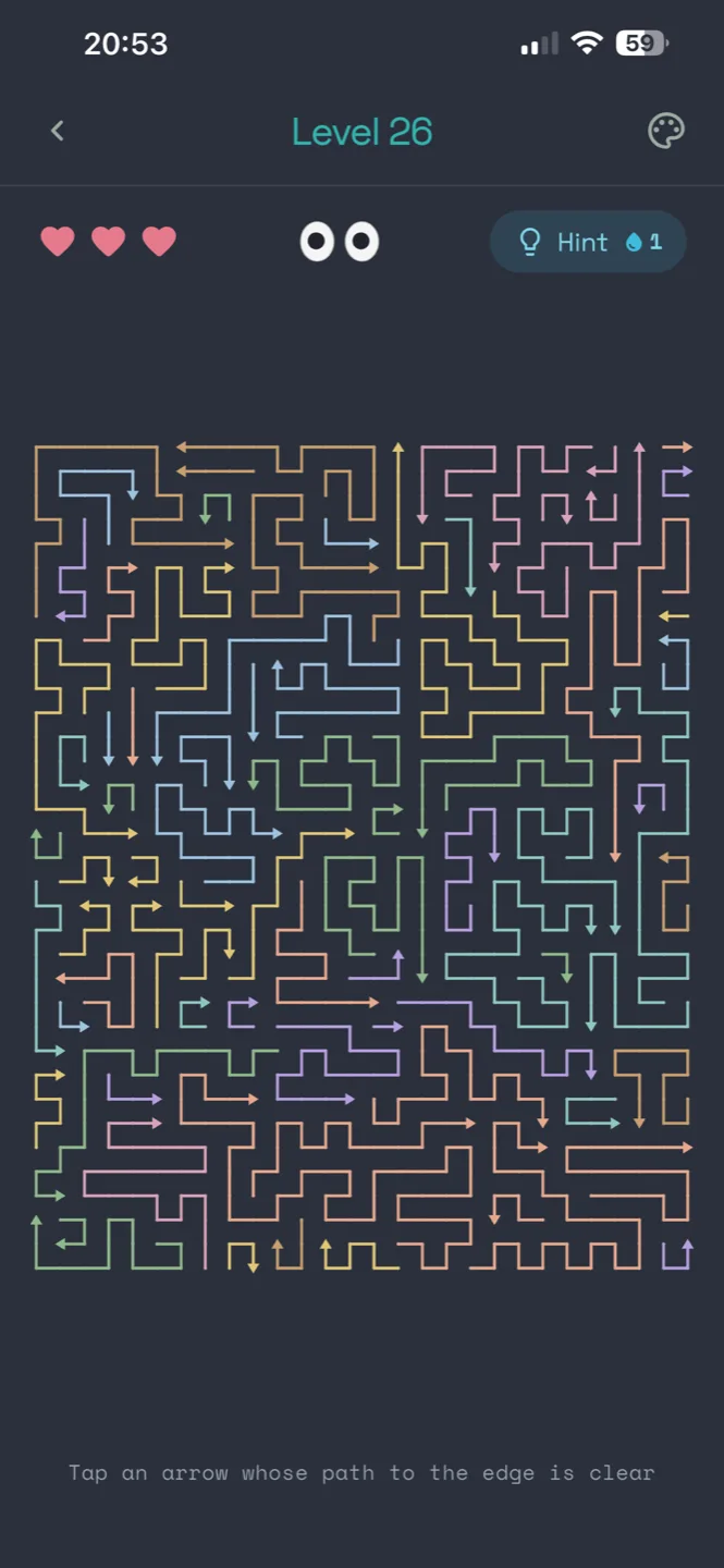 A dense Sagitta board in the dark theme, packed with interlocking coloured arrows