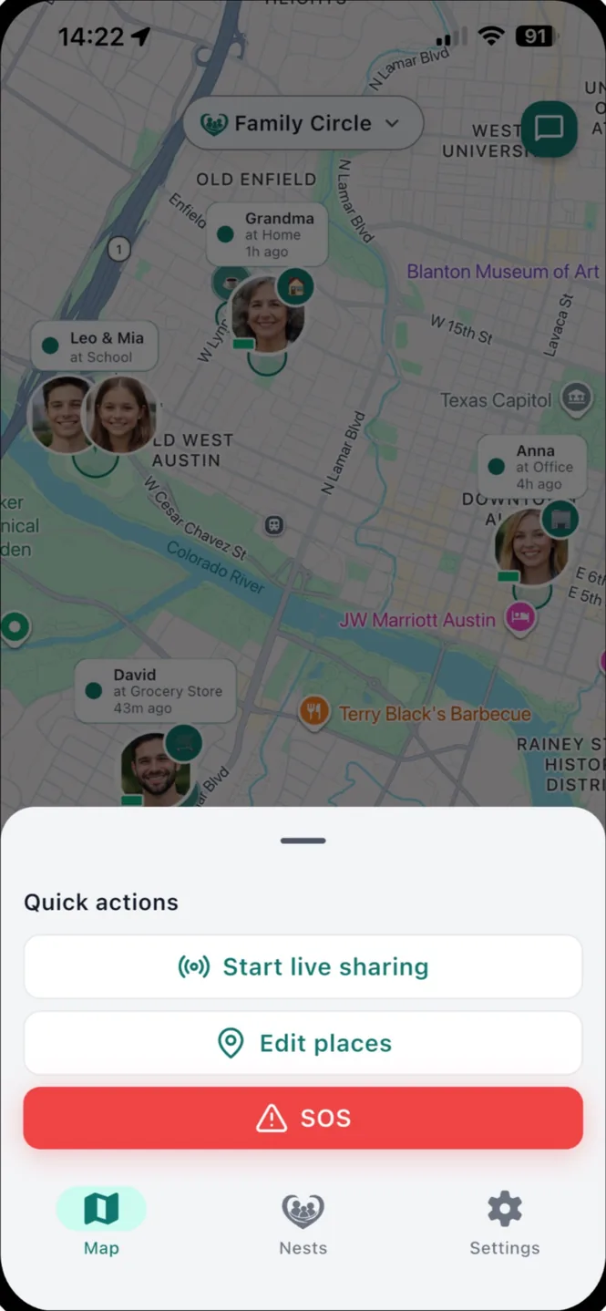 Serico's quick actions, with live sharing and SOS