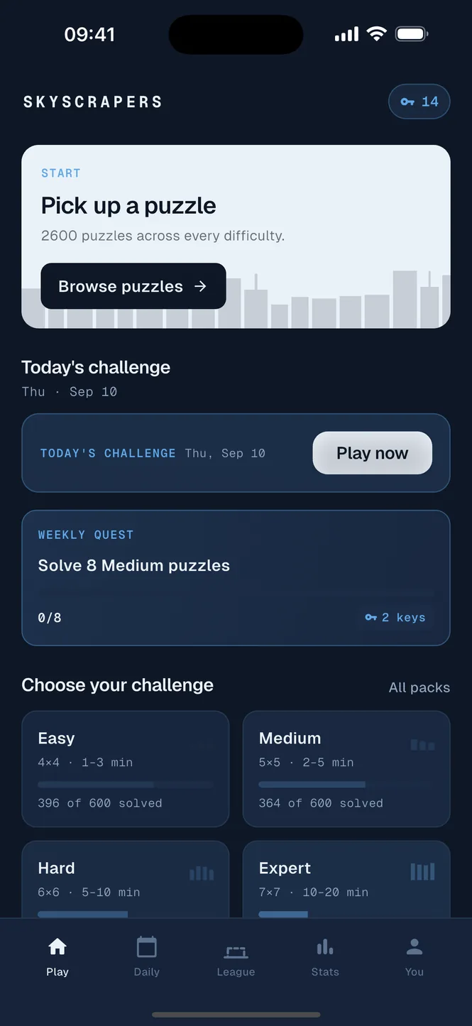 The Skyscrapers home screen: pick a puzzle or today's challenge