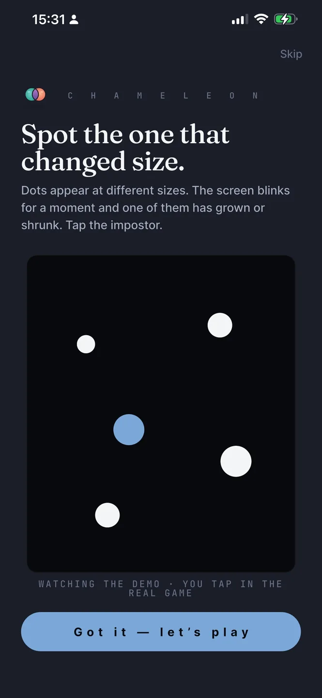 A Starfield round: five dots, one of them has changed size