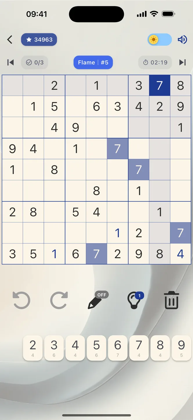 A Sudoku board part-solved, with the selected number highlighted