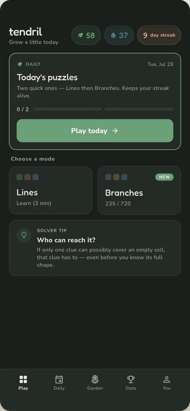 The Tendril home screen: both modes, streak and packs